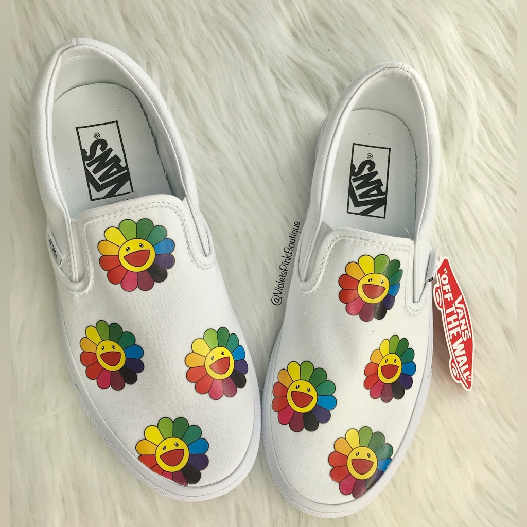 Custom Murakami Flowers Vans Women's Size 8 White Custom Sneakers